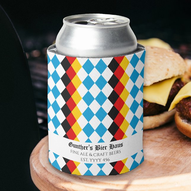 Oktoberfest Custom Blue White Black Red Yellow Can Cooler (Oktoberfest themed beer can cooler personalized with your name, event, bar or craft beer business)