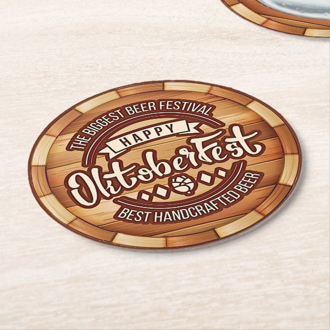 Oktoberfest  Festival Brown Wooden Beer Barrel  Round Paper Coaster (Angled)