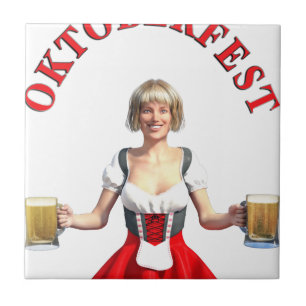 Oktoberfest Girl with Beer steins and Title Ceramic Tile