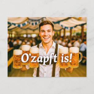 Oktoberfest Man with Many Beer Mugs in Beer Tent Holiday Postcard