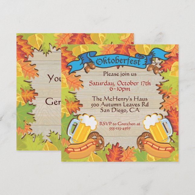 Oktoberfest Party Invitations with Autumn Leaves (Front/Back)