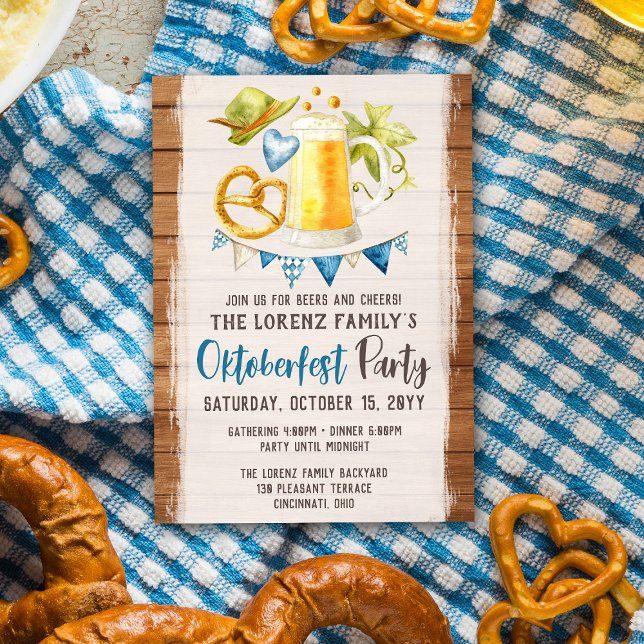 Oktoberfest Party Rustic Bavarian Beer & Pretzel Invitation (Creator Uploaded)