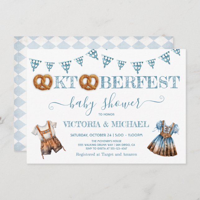 Oktoberfest Pretzel lederhosen Baby Shower Invitation (Front/Back)