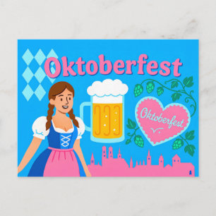 Oktoberfest Woman in Dirndl with Munich Silhouette Holiday Postcard