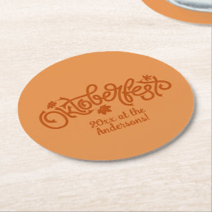 Oktoberfest Year Name Brown Text on  Round Paper Coaster