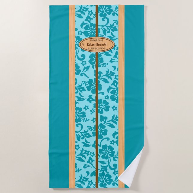 okuleia Hawaiian Faux Wood Monogram Surfboard Teal Beach Towel (Front)