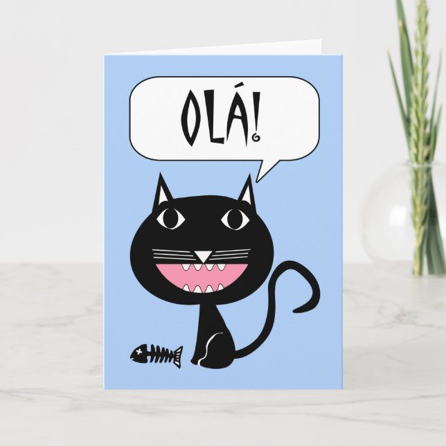 Olá! Hello Card in Portuguese, Cat and Fish Bones (Front)