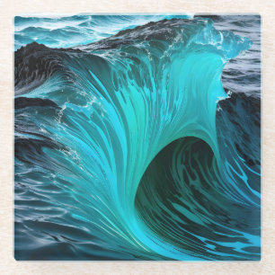 "Ola Tiburón" Blue Shark Wave  Glass Coaster