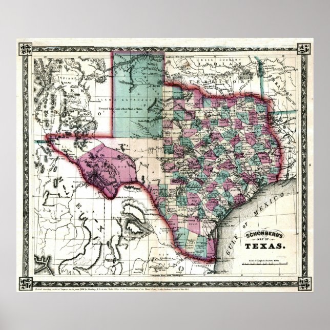 Old 1866 Texas Map Poster (Front)