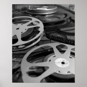 Old 35mm Film Reels Black and White Photography Poster