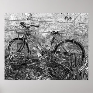 Old Abandoned Bike Drawing, Black and White Poster