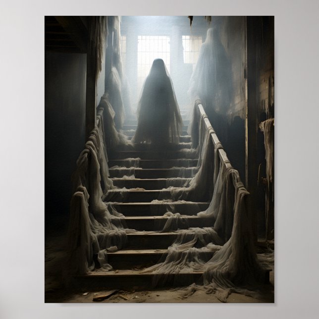 Old Abandoned House Creepy Ghost On The Stairs Poster (Front)