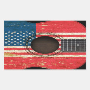 Old Acoustic Guitar with American Flag Rectangular Sticker