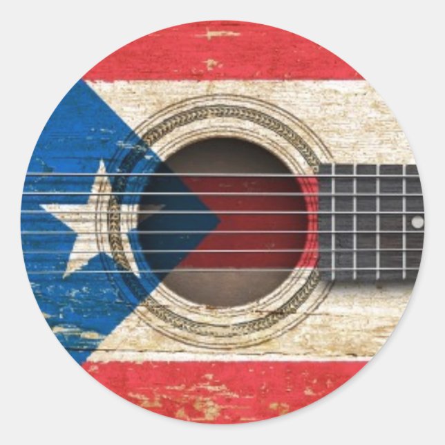 Old Acoustic Guitar with Puerto Rico Flag Classic Round Sticker (Front)