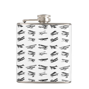 Old aeroplanes in black and white, vintage hip flask