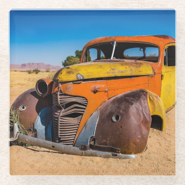 Old and abandoned car in Solitaire, Namibia Glass Coaster (Front)