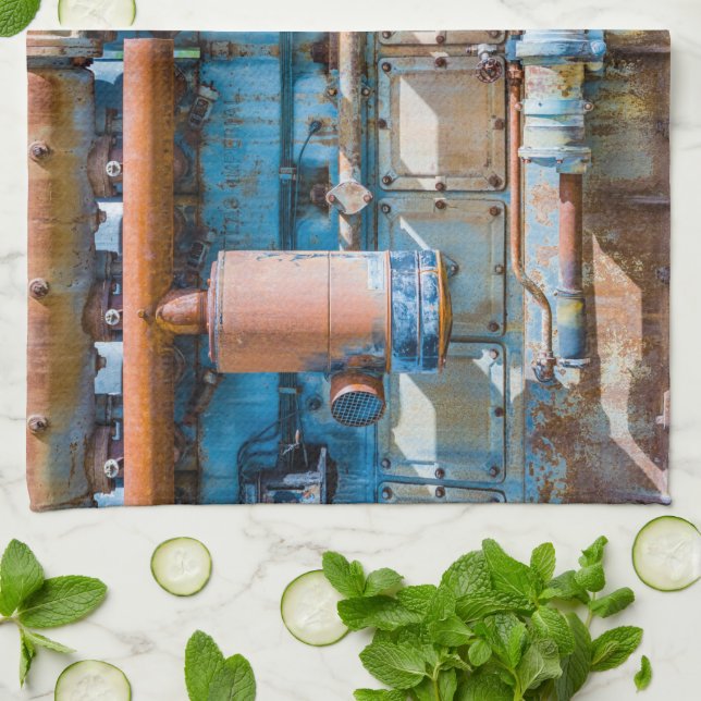 Old and rusty Atlas Imperial diesel engine at Inde Tea Towel (Folded)