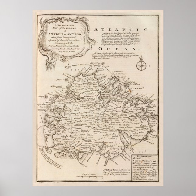 Old Antigua Map (1747) Vintage Waladli Island  Poster (Front)