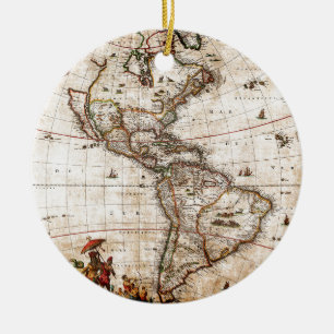 Old Antique North & South America Map Ceramic Tree Decoration