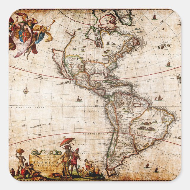 Old Antique North & South America Map Square Sticker (Front)