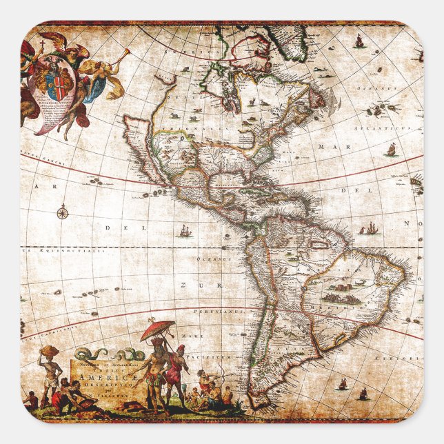 Old Antique North & South America Map Square Sticker (Front)