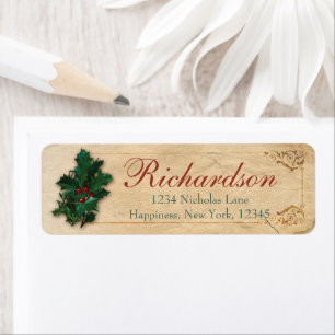 Old Antique Victorian Christmas Holly Red Berries Return Address Label