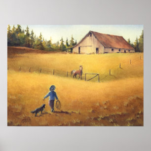 OLD BARN, APALOOSA, BOY & DOG by SHARON SHARPE Poster
