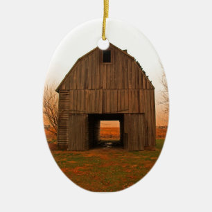 old barn ceramic ornament