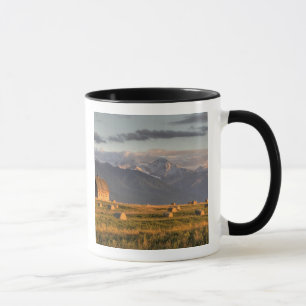 Old barn framed by hay bales and dramatic mug