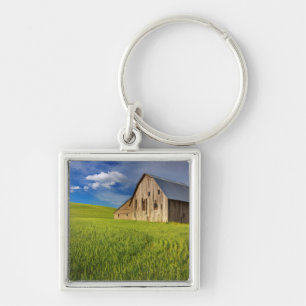 Old Barn in Field of Spring Wheat Key Ring
