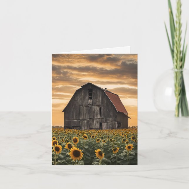 Old Barn In Sunflowers Note Card (Front)