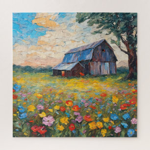 Old Barn In Wildflower Field Jigsaw Puzzle