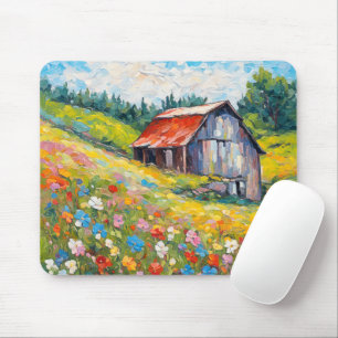 Old Barn In Wildflower Field Mouse Pad