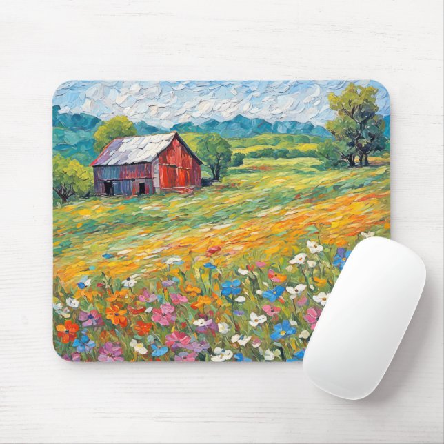 Old Barn In Wildflower Field Mouse Pad (With Mouse)