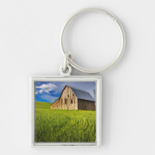 Old Barn Surrounded by Spring Wheat Field 1 Key Ring