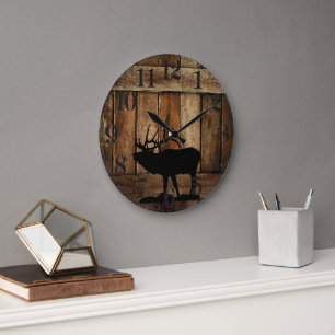 Old Barn Wood & Elk Silhouette Large Clock