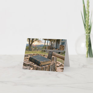 Old Bible and Axe on a Tree Stump Card
