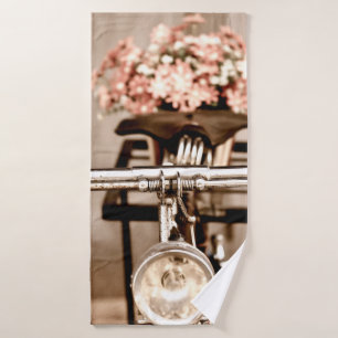 Old bicycle and flowers blur in background process bath towel