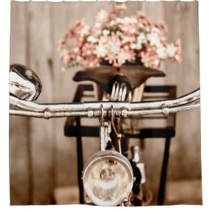 Old bicycle and flowers blur in background process shower curtain