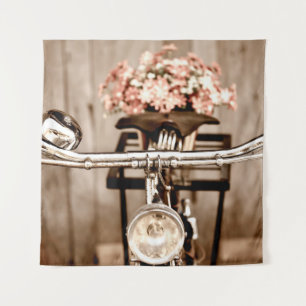 Old bicycle and flowers blur in background process tapestry