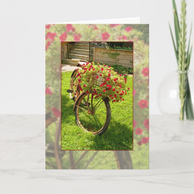 Old Bicycle Recycled into Red Flower Planter Card (Front)