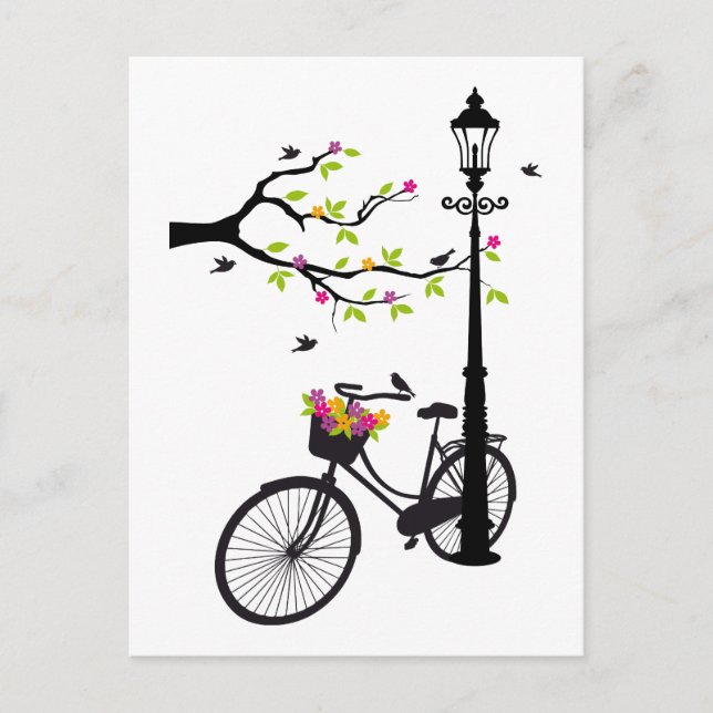 Old bicycle with lamp, flower basket, birds, tree postcard (Front)