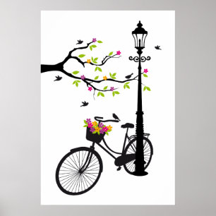 Old bicycle with lamp, flower basket, birds, tree poster