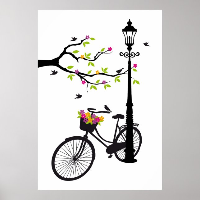 Old bicycle with lamp, flower basket, birds, tree poster (Front)