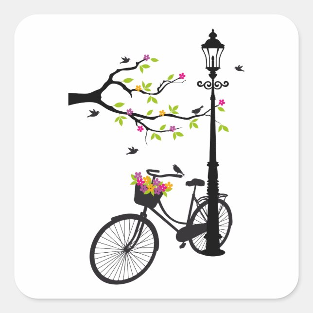 Old bicycle with lamp, flower basket, birds, tree square sticker (Front)