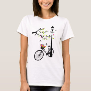 Old bicycle with lamp, flower basket, birds, tree T-Shirt