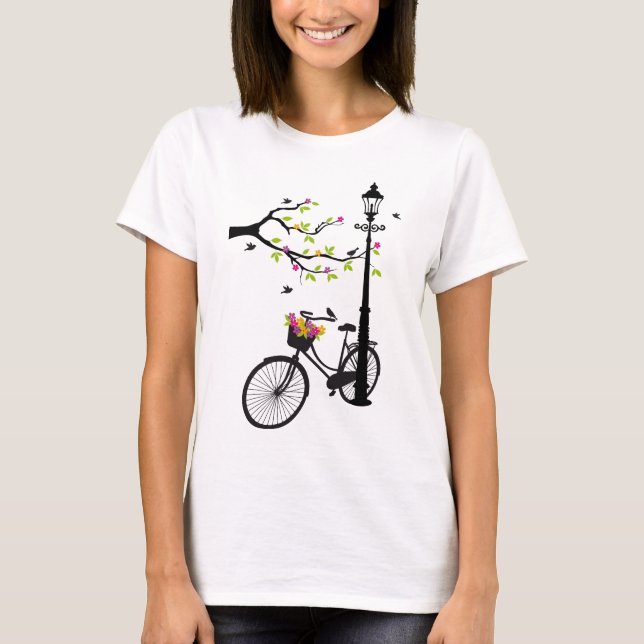 Old bicycle with lamp, flower basket, birds, tree T-Shirt (Front)