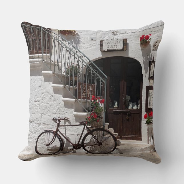 Old bike and storefront in Apulia Cushion (Front)