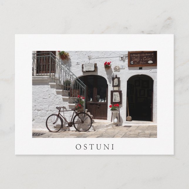 Old bike and storefront in Apulia Postcard (Front)