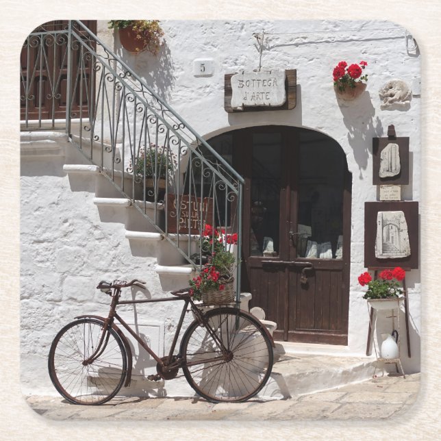 Old bike and storefront in Apulia Square Paper Coaster (Front)
